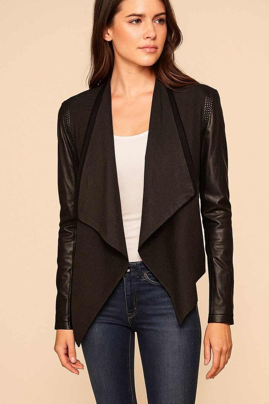 Stella & Jamie Black Genuine Leather Sleeve Open Front Jacket – Size Small